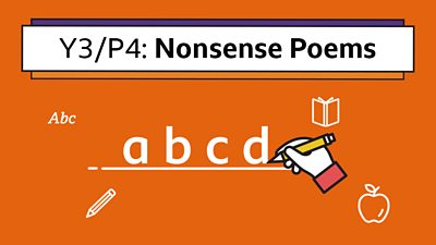 A hand icon holding a pencil writing a-b-c-d with the title: Y3/P4 Nonsense Poems