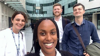 Group of BBC apprentices standing outside London Broadcasting House