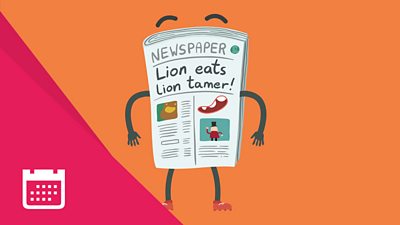 Newspaper with arms and legs with the headline lion eats lion tamer on orange background.