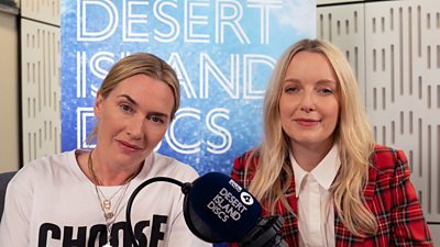 Photo of Kate Winslet and Lauren Laverne sit in the Desert Island Discs studio. 
