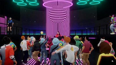 A scene from the virtual nightclub in the Radio 1 Rave Lounge experience - a virtualised nightclub with neon lights and decorations, with avatars of clubbers dancing in front of a photorealistic avatar of the DJ.