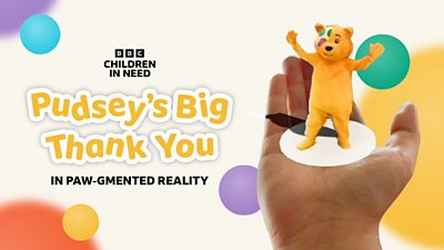 Artwork for BBC Children in Need's Pudsey's Big Thank You - a colourful background with a person's hand in foreground, and a Pudsey bear figure is dancing in the palm of their hand.