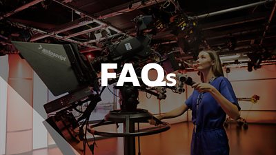“FAQs” text over an apprentice operating a studio camera