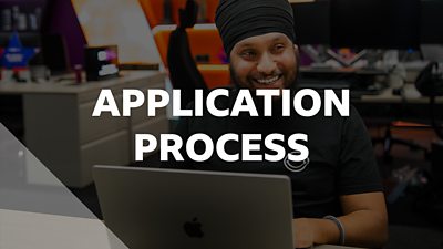 “Application process” text over an apprentice using a laptop