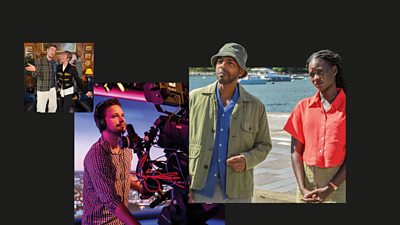 A collage of images. Left to right - Celia Imrie with host Ed Gamble, on the set  of visualised podcast, Traitors Uncloaked. A young man called Michael Troncosco is working on BBC News. Don Gilet and Shantol Jackson in Death in Paradise, which has been recommissioned for another two series..