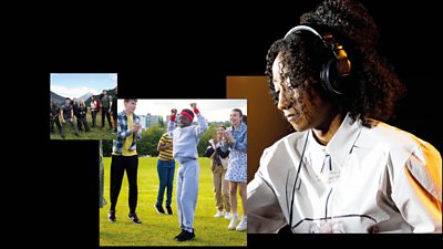 A trio of images. From left to right, celebrities walking the Alps in Pilgrimage, children jumping up and down in comedy drama Crongton, and BBC Radio Presenter Jamz Supernova DJing at 6 Music Festival, 
