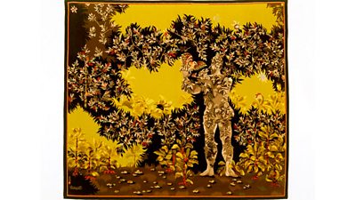 A yellow coloured tapestry with a figure of a man amongst stylised leaves.