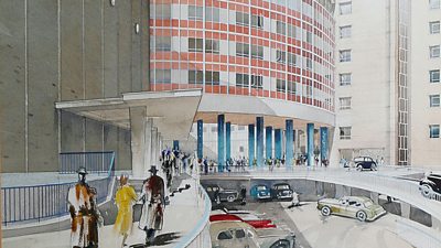 A watercolour of the front of BBC TV Centre.