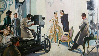 A watercolour painting of a cameraman on a wheeled dolly pointing at actors in Regency costume.