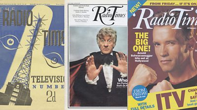 Three Radio Times covers - one is from the 1930s with a stylised mast, one has Jon Pertwee as Doctor Who and the last is from the 1990s with Arnold Schwarzenegger.