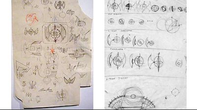 Various doodles and sketches on pieces of yellowed paper