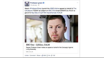 A post by Professor Green on his Facebook page sharing the link to watch the video and also details on how to donate. 