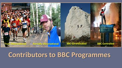 An image with the four types of contributor - truly observational, partially observational, BBC coordinated and BBC controlled