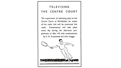 A noticed above a cartoon tennis player which reads 'Television the Centre Court. The experiment of televising play on the Centre Court at Wimbledon by means of the radio link will be continued this week. Transmissions will take place every day during the afternoon programmes or after 4.0 with commentaries by F.H. Grisewood and John Snagge.