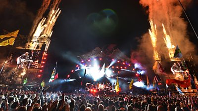 Muse performing on the Pyramid Stage at the Glastonbury music festival