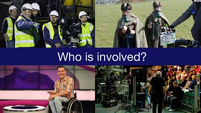 A montage showing studio audiences ,film crew in hi-vis vest, a wheel chair bound presenter and a shoot in a field