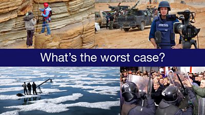 a montage showing filming on an icy lake, filming in a desert, filming on a rock face and security forces stand-off with protesters