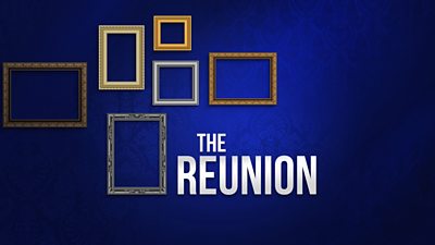 Deep blue background with five photos frames in the top left corner to half way across. Then the words the reunion.