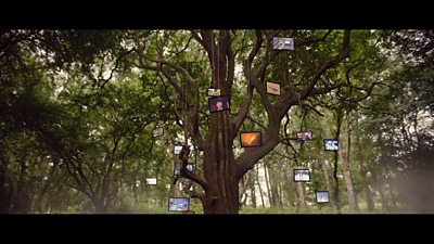 A tree with flatscreen televisions hanging from it