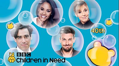 Stephen Mangan, Alex Scott MBE, Chris Ramsey and Mel Giedroyc inside bubbles with 'Children in Need 40th' alongside