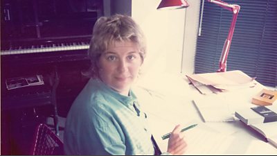 Victoria Wood writing at her desk in the 1980s