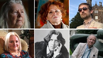 Top row: Poet Medbh McGuckian, artist Rita Duffy, musician Neil Hannon. Bottom row: Author Lynne Graham, Oscar Wilde, Derek Mahon