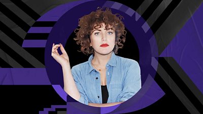 Radio 1's Annie Mac in the middles on the graphic composite of purple and black shapes