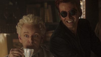 Image of Michael Sheen as Aziraphale and David Tennant as Crowley in Good Omens 2. 