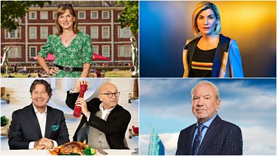 Clockwise from the top left we see Fiona Bruce, Jodie Whittaker as Doctor Who, Lord Sugar from The Apprentice and MasterChef's John Torode and Gregg Wallace.