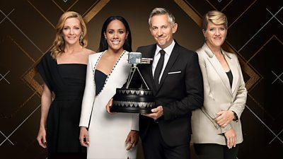 Gaby Logan, Alex Scott, Gary Lineker and Clare Balding pose with the Sports Personality of the Year trophy