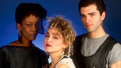 Erikah Belle, Madonna, Christopher Ciccone with backing dancers, including Madonna's brother, taken at Top of the Pops after performing 'Holiday', 1984.