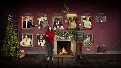 The Ghosts appear in picture frames on a wall behind Alison and Mike, who have decorated their home for Christmas. The image features Pat (Jim Howick), Julian (Simon Farnaby), Thomas Thorne (Mat Baynton), The Captain (Ben Willbond), Alison (Charlotte Ritchie), Kitty (Lolly Adefope), Robin The Caveman (Larry Rickard), Mike (Kiell Smith-Bynoe), Mary (Katy Wix), Lady Button (Martha Howe-Douglas), Humphrey (Larry Rickard)