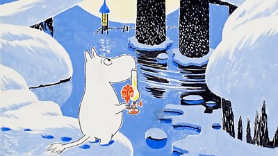 a Moomin holding a gas light, standing on floating ice. 