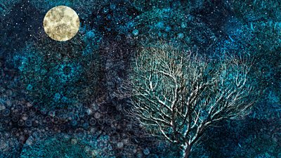 An illustration of a frosty tree under a moon.
