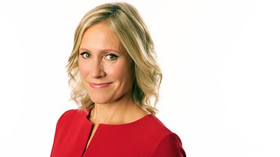 Sophie Raworth, a woman with blonde hair, wears a red outfit and smiles into the camera.