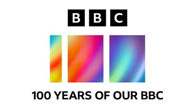 BBC is spelled out in three black and white letter blocks while the number 100 is represented in three blocks of colourful gradients. 100 Years of Our BBC is written beneath the logo.