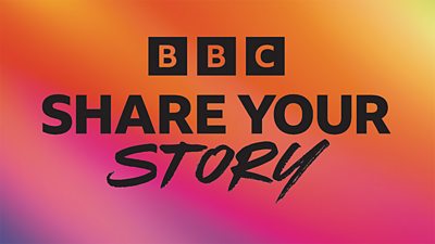 ý Share Your Story is printed in black writing on a red, orange, yellow and pink background.