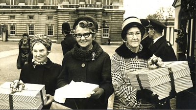 Polly Bennett, Mary Whitehouse and Nancy Crooke delivering letters to Buckingham Palace
