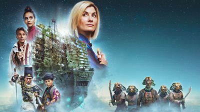 The Doctor (Jodie Whittaker), Yaz (Mandip Gill), Dan (John Bishop), Ji-Hun (Arthur Lee) and Madam Ching (Crystal Yu) are pictured in profile around a ship owned by the Sea Devils. The Doctor Who monsters are pictured in a formation, emerging from the mists of the water wielding swords.