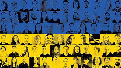 Headshots of the members of the Freedom Orchestra are presented in blue and yellow horizontal rectangles, presenting the image of a Ukrainian flag.