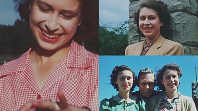 Composite image showing three previously unseen pictures of Her Majesty The Queen as a young woman. On the left an image of Princess Elizabeth showing her engagement ring to the camera. On the right an image of her in a brown coat stood against a wall and a third image of her pictured with her father George VI and sister Princess Margaret.