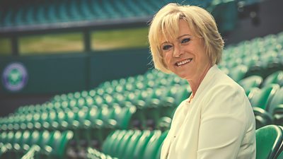 Sue Barker in the stands at Wimbledon