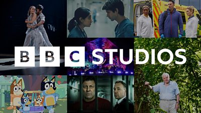 Composite image featuring the BBC Studios logo sat over pictures from Strictly Come Dancing, This Is Going To Hurt, Silent Witness, Bluey, Time, The Earthshot Prize and The Green Planet. 