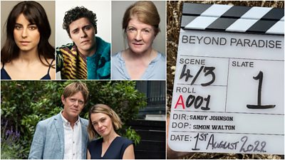 Beyond Paradise cast Zahra Ahmadi, Dylan Llewellyn, Felicity Montagu, Kris Marshall and Sally Bretton are pictured in a collage alongside a clapperboard for the first day of filming on the new series