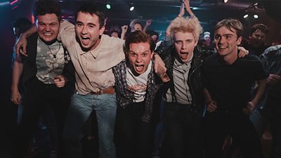 L-R: Matt Littleson (Limbo) Rian Gordon (young Jimmy) Tom Glynn Carney (young Tully) Paul Gorman (Hogg) and Mitchell Robinson (Tibbs)