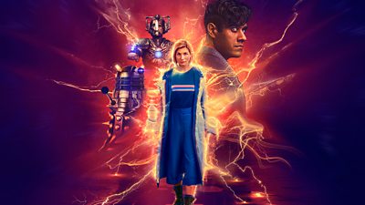 Jodie Whittaker as The Doctor, surrounded by The Master, a dalek and cyberman