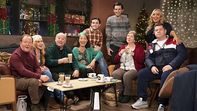 Neighbours Colin (Jonathan Watson), Anne Marie (Siobhan Redmond), Eric (Alex Norton), Beth (Arabella Weir), Ian (Jamie Quinn), Gordon (Kieran Hodgson), Christine (Elaine C Smith), Michelle (Joy McAvoy) and Alan (Graeme ‘Grado’ Stevely) gather in a coffee shop