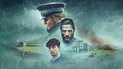 Happy Valley stars Sarah Lancashire, James Norton and Rhys Connah are pictured against a moody landscape featuring fields, stone walls, a town, something burning and a bicycle left on its side