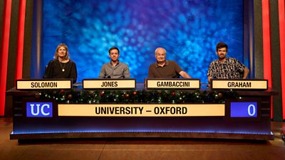 University College Oxford team: Sophie Solomon, Owen Jones, Paul Gambaccini, Ivo Graham
