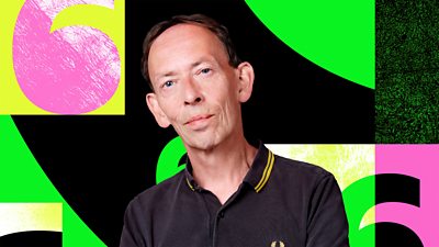 Steve Lamacq with pink green and black square background